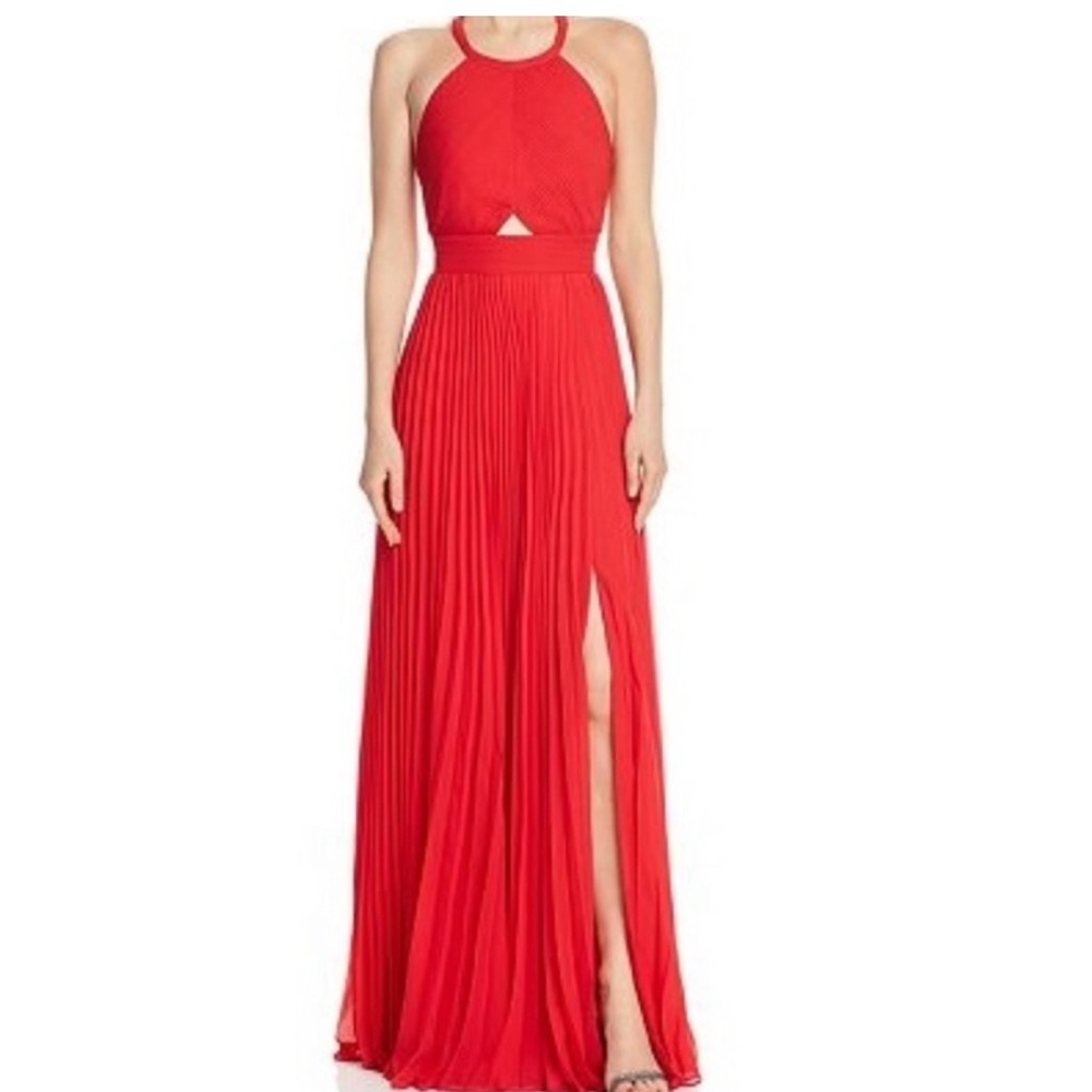 Aidan Mattox Pleated Coral Red Halter Maxi Dress
